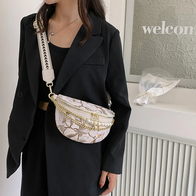 Sac banane bandoulière femme avec design floral blanc