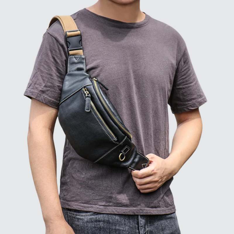 Banane homme luxe en cuir noir