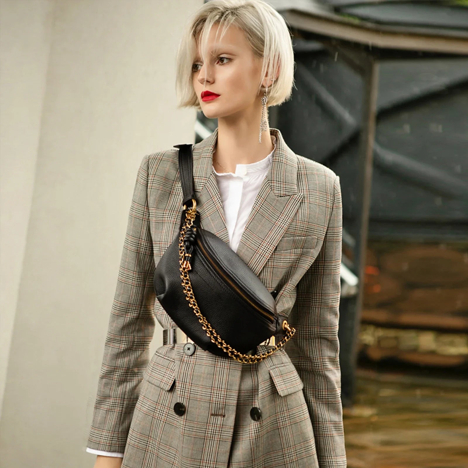 Sac Banane Femme en Cuir avec Chaîne Dorée