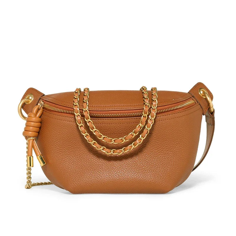 Sac Banane Femme en Cuir camel avec Chaîne Dorée