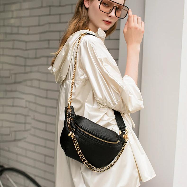 Sac Banane Femme noir en Cuir avec Chaîne Dorée