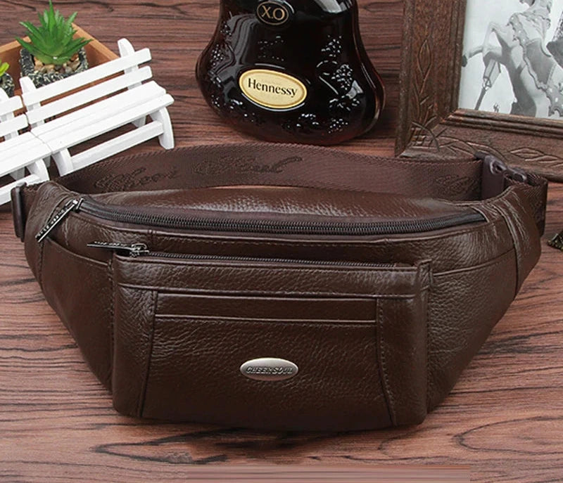 Sac banane en cuir marron pour homme - plusieurs poches