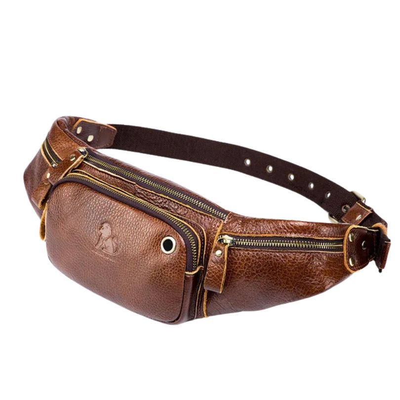 Sac banane homme cuir marron avec détails dorés