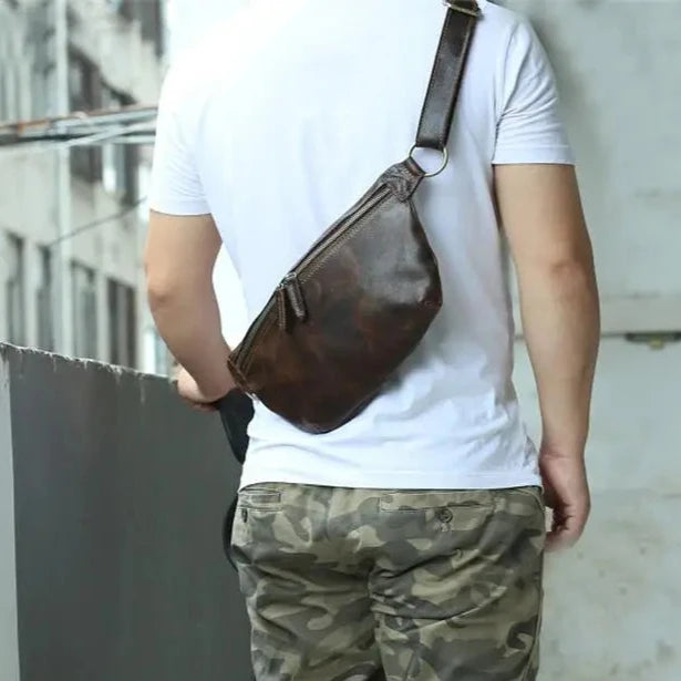 Sac banane homme cuir patiné marron