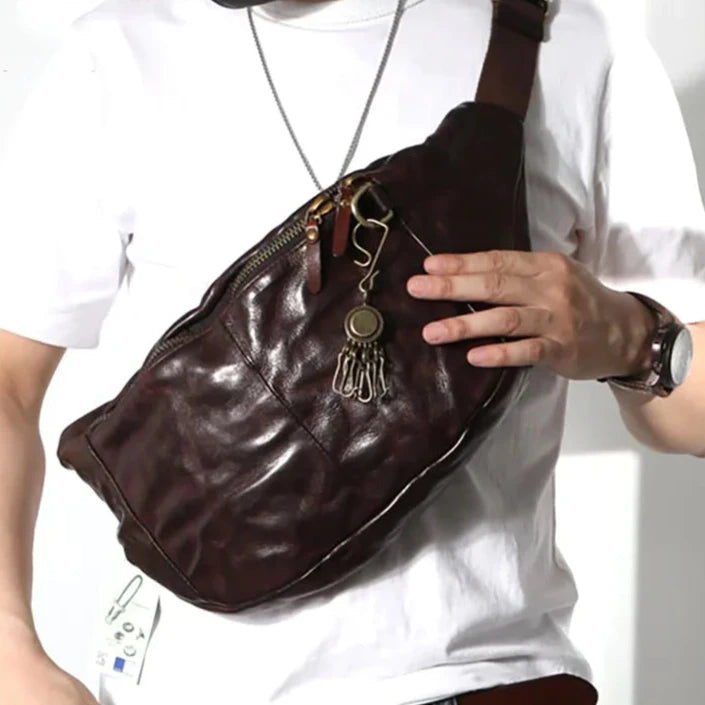 Sac banane homme luxe en cuir marron