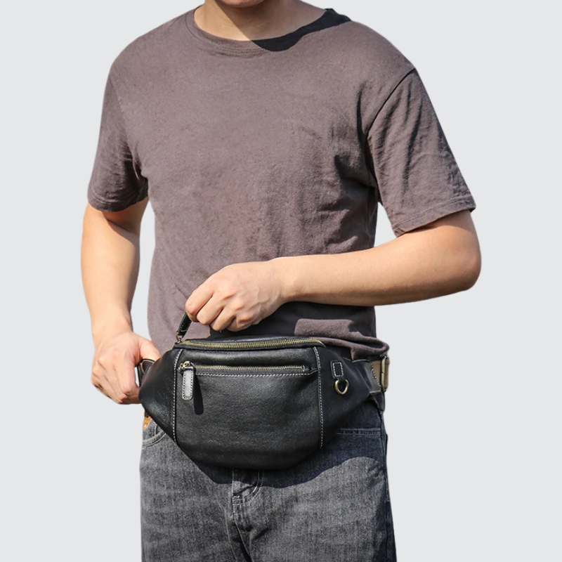 Sac Banane 47 Maple En Cuir Véritable Noir - Unisexe, Taille Ceinture, Poche Voyage